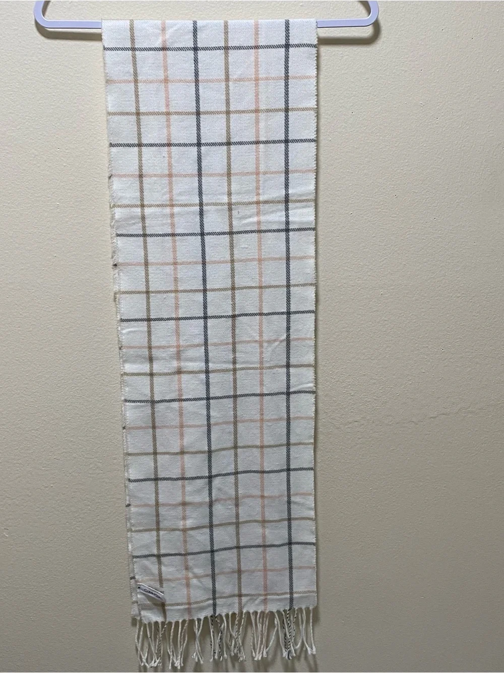 Calvin Klein White Plaid Kitchen Towel with Gray and Beige Stripes